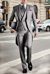 Voguable Elegant Men's 3-Piece Tail Coat Blazer Vest Pant Tuxedo Set Regular Fit Peak Lapel Formal Male Suit for Prom Wedding Business voguable