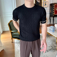 Summer Men's Clothing Luxury Knit O Neck Short-sleeved T Shirt Solid Color Leisure Korean Popular Streetwear Retro Knitwear voguable