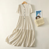 Voguable Summer Casual Loose Women's Dress Small V-Neck Polka Dot Short Sleeve Long Dress Shirt Style Comfortable Cotton Linen Blend voguable