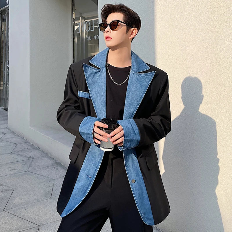 Voguable Trendy Denim Splicing Design Blazer Coat Men's Original High Street Color Contrast Stylish Jacket Korean 2024 New voguable