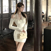 Voguable Elegant Off Shoulder Mini Dress Women Sexy Mesh Patchwork Halter Dresses Fall Winter Korean Flowers Long Sleeve Bodycon Vestidos voguable