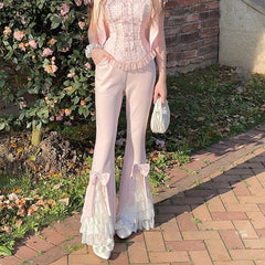 Voguable Pink Sweet Lolita Style Pants Women Vintage Kawaii Bow Lace Ruffles Flared Pants Female Korean Elegant Casual Fairy Trousers voguable