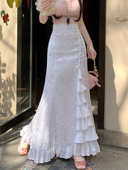 Print Vintage Long Skirt Women Casual Ruffles England Sweet Trumpet Skirts Retro Lace Up Elegant Female Design Long Skirt voguable