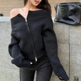 Women's Off-the-Shoulder Sweater Cardigan Zip Up Knitted Off Shoulder Sweater Jacket Teen-girl Fall Winter Y2K Outfit voguable