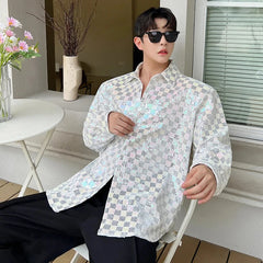 Voguable Reflect Light Plaid Design Elegant Long Sleeve Shirts Korean Fashion Men's Casual Tops 2024 Spring Trendy Clothes voguable