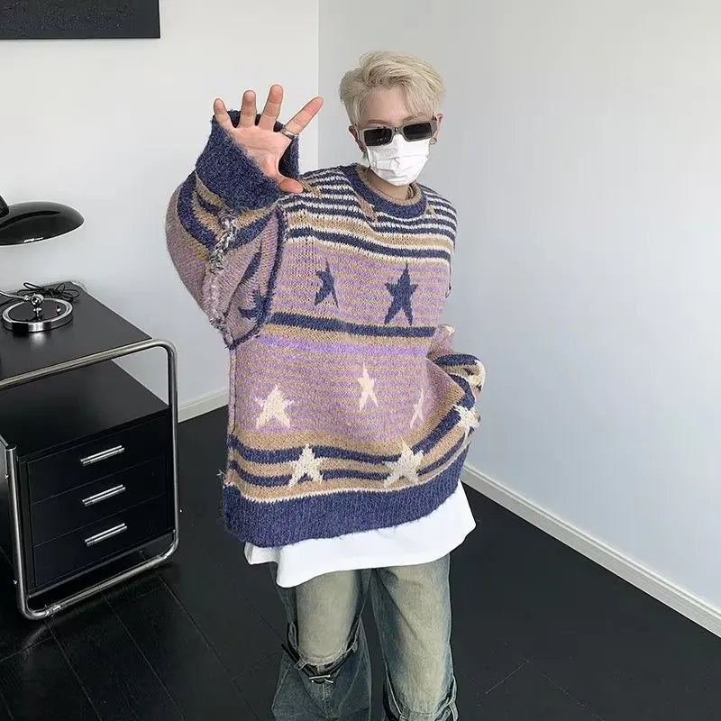 Voguable Y2K Star Sweater Men Harajuku Striped Knitted Pullovers Jumpers Male Tops Oversize Purple Winter Streetwear Hip Hop voguable