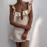 Summer Hollow Out Button Ruffles Short Dress Sexy V Neck Sleeveless Solid Color Dress New Holiday Beach Cotton Linen Mini Dress voguable