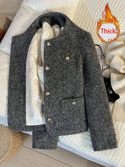 Vintage Faux Woolen Coat Women Warm Winter Thick Long Sleeve Gray Cotton Jacket Female Retro O Neck Pockets Casual Tops New voguable