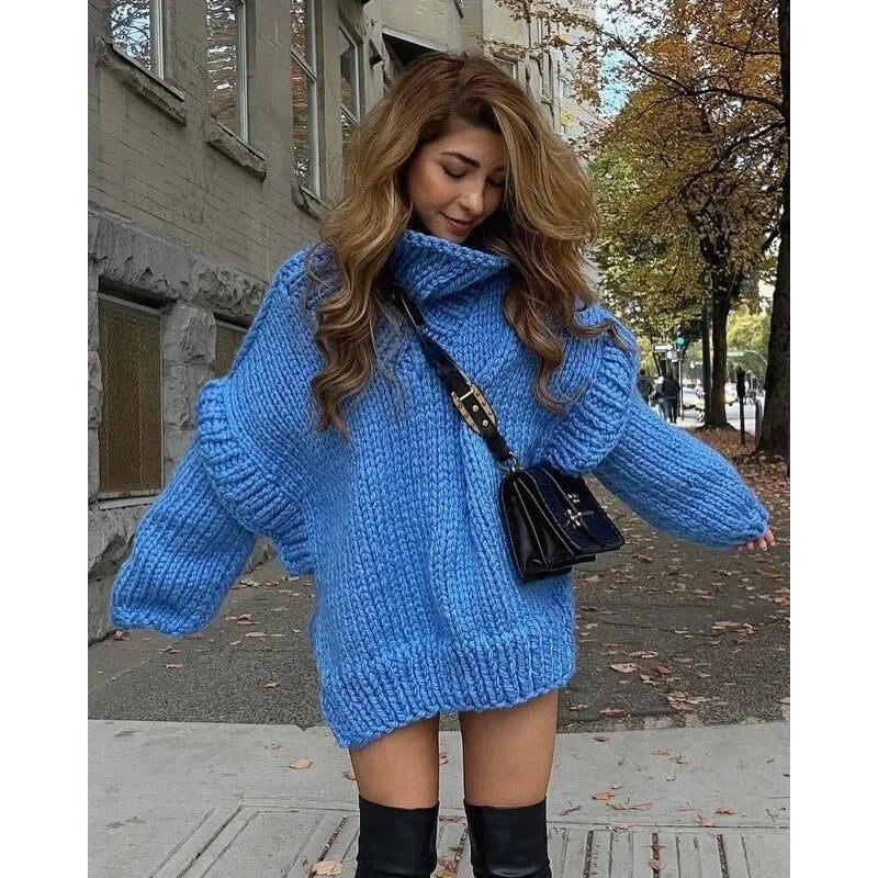 Women Solid Knit Turtlrneck Sweater Casual Oversize Lantern Long Sleeve Thick Warm Pullover New Autumn Winter Loose Top Knitwear voguable