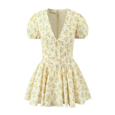 New Women Vintage Puff Short Sleeve V Neck Yellow Floral Print Dress Pleated Hem Female Holiday Summer Mini Robe