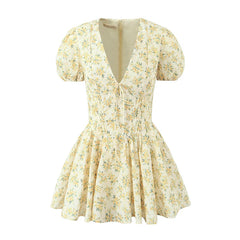 New Women Vintage Puff Short Sleeve V Neck Yellow Floral Print Dress Pleated Hem Female Holiday Summer Mini Robe