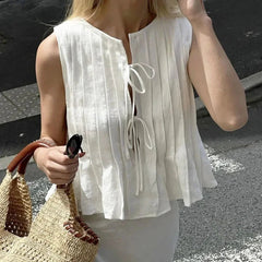 New Summer Women Y2K Korean White Linen Cotton Pleated Lace Up Sleeveless Short Shirt Crop Top Blouse Pleated Shirts Clothes voguable