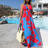 Voguable Elegant Printed Collar Camisole Sleeveless Dress Princess Style mid Waist Elegant Women's Dress for City Walk voguable