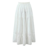 Women French Style Romantic Spliced Lace White Long Skirt Ribbon Elastic Waist A-line Summer Skirts Holiday
