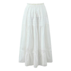 Women French Style Romantic Spliced Lace White Long Skirt Ribbon Elastic Waist A-line Summer Skirts Holiday