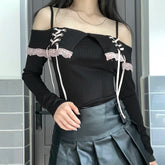 Voguable Sweet Contrast Color Lace Bandage Cropped Top Black Street Street Slim-fit Slash Neck Long Sleeve Knitted Tops Autumn voguable