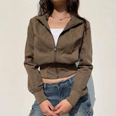 Voguable Retro Brown Fall Cargo Jacket Women Casual Sports Slim Fit Windproof Turtleneck Baseball Coats Motorcycle Streetwear Outwear voguable