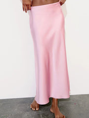 2025 Pink Sweet Satin Long Skirt New Solid Color High Waist Elegant Slim Summer Women Skirt Fashion Party Female Clothing voguable