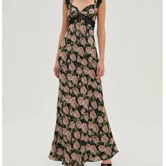 Women Rose Floral Print Sleeveless Midi Long Dress Backless V Neck High Waist A-line Summer Dress Lace Spliced Robe