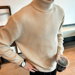 New Korean Retro Men Basic Sweater Luxury Knit Solid Color Turtleneck Long Sleeve Pullover Casual Textured High Quality Knitwear voguable