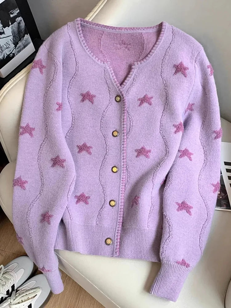Stars Print Vintage Cardigan Women Casual Cute Long Sleeve Loose Knitted Sweater Korean Retro O Neck Female Purple Tops New voguable