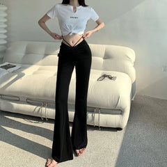 Spring and Autumn High-waist Design Drawstring Long Trousers for Women Slimming Draped Black Floor Wide-leg Bell-bottom Pants voguable