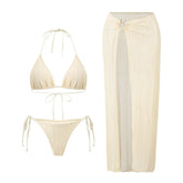 Voguable Beige Lace Mesh Halter String Bikinis Sets 3 Pieces Cover Ups Holiday Swimwear Sexy Micro Thong Swimsuit Woman Beach Wear voguable