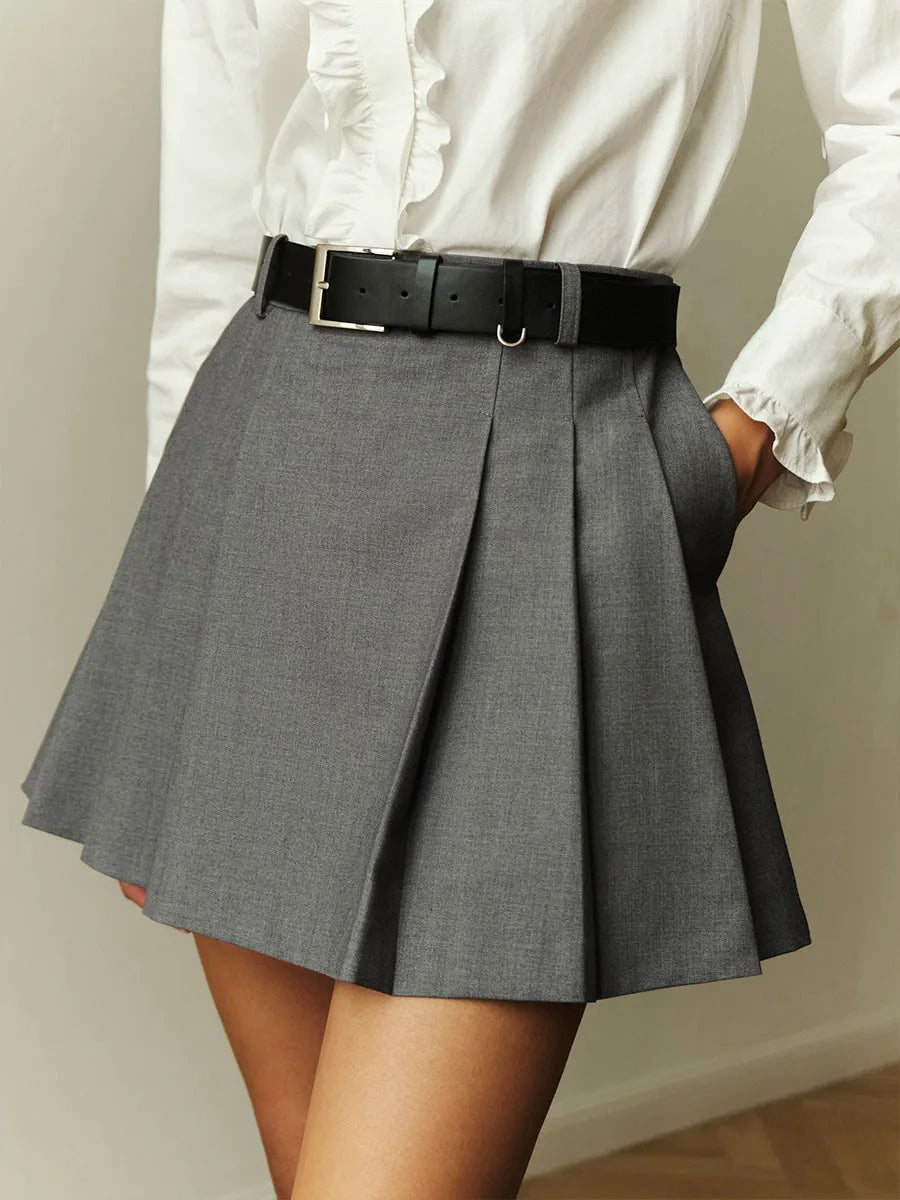 Fashion Solid Gray Pleated Short Skirt 2025 New Spring Summer High Waist A-line Women Skirts College Style Sweet Woman Clothing voguable