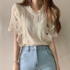 Voguable Elegant Hollow Out Lace Shirt Woman Summer Sheer O-Neck Short Sleeve T-shirt Women Loose Crochet Flower Sun Shirts Ladies Tops voguable