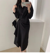 Voguable Elegant Black Long Shirt Dress Women Fashion High Waist Dresses Lady Turn-Down Collar Irregular Buttons High Street Dress voguable