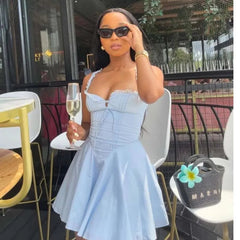New Women Blue Elegant Party Mini Dresses Sexy Sleeveless Low Waist A-line Summer Dress Lace Up Back Robe voguable