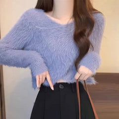 Fuzzy Knit Wrap Front Top Women Long Sleeve Criss-Cross Fluffy Sweater Fitted Crop Top Pullover Ladies Autumn Winter Y2K Outfit voguable