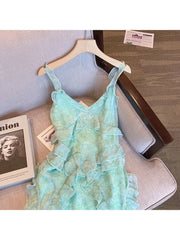 Voguable Summer Women's Vintage Elegant Light Green Dress Casual Spaghetti Strap Sleeveless Camisole Suspender Female Dresses voguable