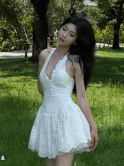 White Lace Embroidery Halter Neck Dress 2025 New Summer Sleeveless Backless Sexy A-Line Dresses Women Slim Party Dress voguable