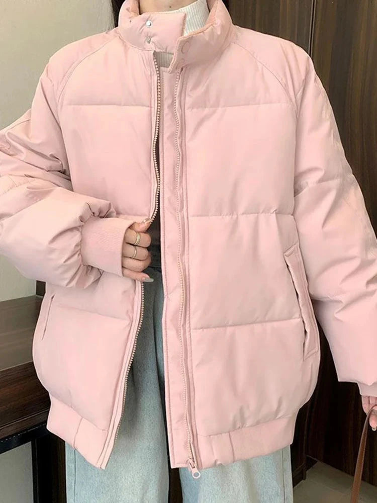 Preppy Style Sweet Pink Parkas Women Vintage Long Sleeve Winter Thick Warm Cotton Jacket Casual Stand Collar Loose Outwear voguable