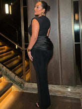 Sleeveless Ruched Sexy Maxi Dress For Women Gown Fashion Black O Neck High Waist Bodycon Club Party Long Dress Vestido voguable