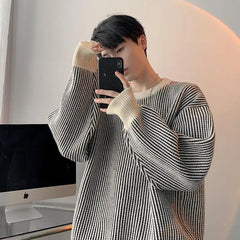 Voguable Striped Knitted Sweater Coat Men Japanese Oversize Casual Autumn Winter Loose O-neck Pullovers for Man Streetwear voguable