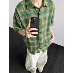Summer Short Sleeved Shirt Men Fashion Retro Casual Shirt Men Japanese Streetwear Loose Plaid Shirt Mens Vintage Shirts M-3XL voguable
