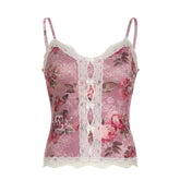 y2k Floral Cropped Top Vintage Lace Stitching Sleeveless Skinny Strap Tops Women Retro Camisole Streetwear Tees Aesthetic voguable
