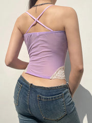 Voguable  y2k Lace Patchwork Purple Coquette Mesh Corset Women Sexy Backless Criss-cross Halter Camis Sweet Aesthetic Crop Top voguable