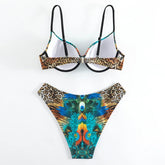Voguable Green Peacock Print 2-piece Bikini for Women,Summer New,rhinestone Low Waist Thong Swimsuit,underwire V-neck Bathing Suit voguable