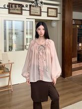 Fall 2025 Fashion Woman Ruffle Lantern Sleeve Sheer Blouse Women V Neck Bandage Oversize Top Designer Fashion Clothes voguable