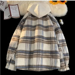 Fake Two-piece Hooded Plaid Jackets for Men and Women Winter Jacket Men 2024 New Loose Casual Zipper American Couple Coats voguable