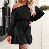 Voguable Elegant Lady Solid Color Vintage Velvet Dress Temperament Long Sleeve Commute Dress Casual Slash Collar High Waist A-line Dress voguable