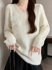 3D Floral Sweet Sweaters Women Loose Fashion V Neck Elegant Knitted Jumper Casual Chic Korean Female Fall Winter Long Sleeve Top voguable