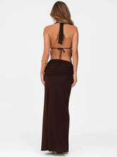 Hollow Out Lace-up Sexy Skirt 2 Piece Sets Women Brown Halter Crop Tops And Maxi Skirt Female Skinny Sexy Two Piece Set voguable