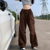 Y2K Brown Drawstring Cargo Pants Women Vintage Hip Hop Streetwear Baggy Pocket Wide Leg Trousers Summer Casual Straight Pants voguable
