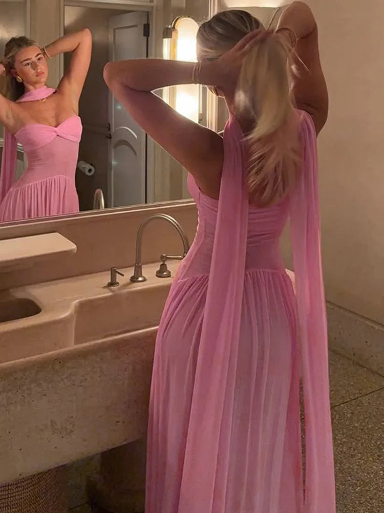 Scarf Collar Backless Sexy Maxi Dress For Women Gown Pink Strapless Off-shoulder Backless Mesh Long Dress Vestido voguable