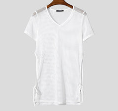 Men T Shirt Hollow Out Transparent V Neck Short Sleeve Male Tee Tops Solid Color Hollow Out Split Camisetas Streetwear voguable