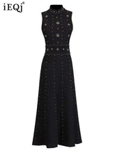 Solid Beaded Diamond Spliced Long Dresses For Women Round Neck High Waist Elegant Dress Female Summer 2025 New voguable